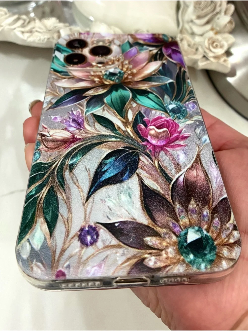 17 Pro Max Floral Jewel Protective Phone Case – Teal, Pink & Gold